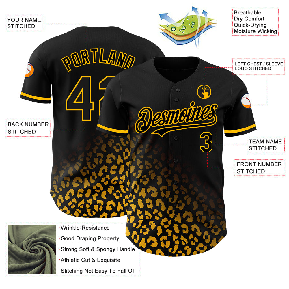 Custom Black Gold 3D Pattern Design Leopard Print Fade Fashion Authentic Baseball Jersey - Sky-Custom