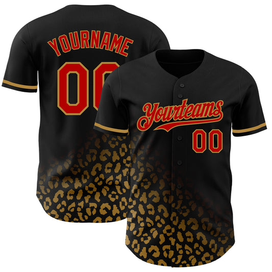 Custom Black Red-Old Gold 3D Pattern Design Leopard Print Fade Fashion Authentic Baseball Jersey - Sky-Custom