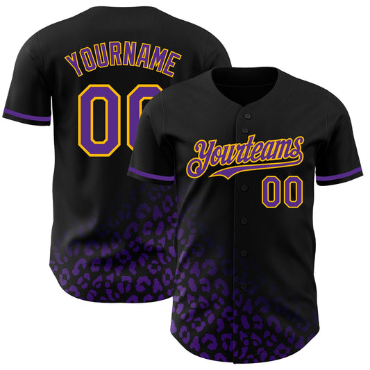 Custom Black Purple-Gold 3D Pattern Design Leopard Print Fade Fashion Authentic Baseball Jersey - Sky-Custom