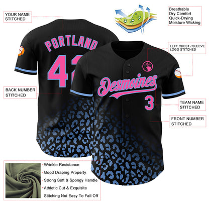 Custom Black Pink-Light Blue 3D Pattern Design Leopard Print Fade Fashion Authentic Baseball Jersey - Sky-Custom