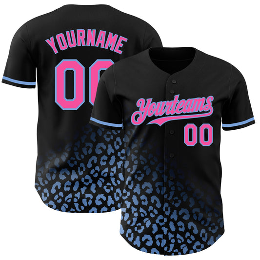 Custom Black Pink-Light Blue 3D Pattern Design Leopard Print Fade Fashion Authentic Baseball Jersey - Sky-Custom