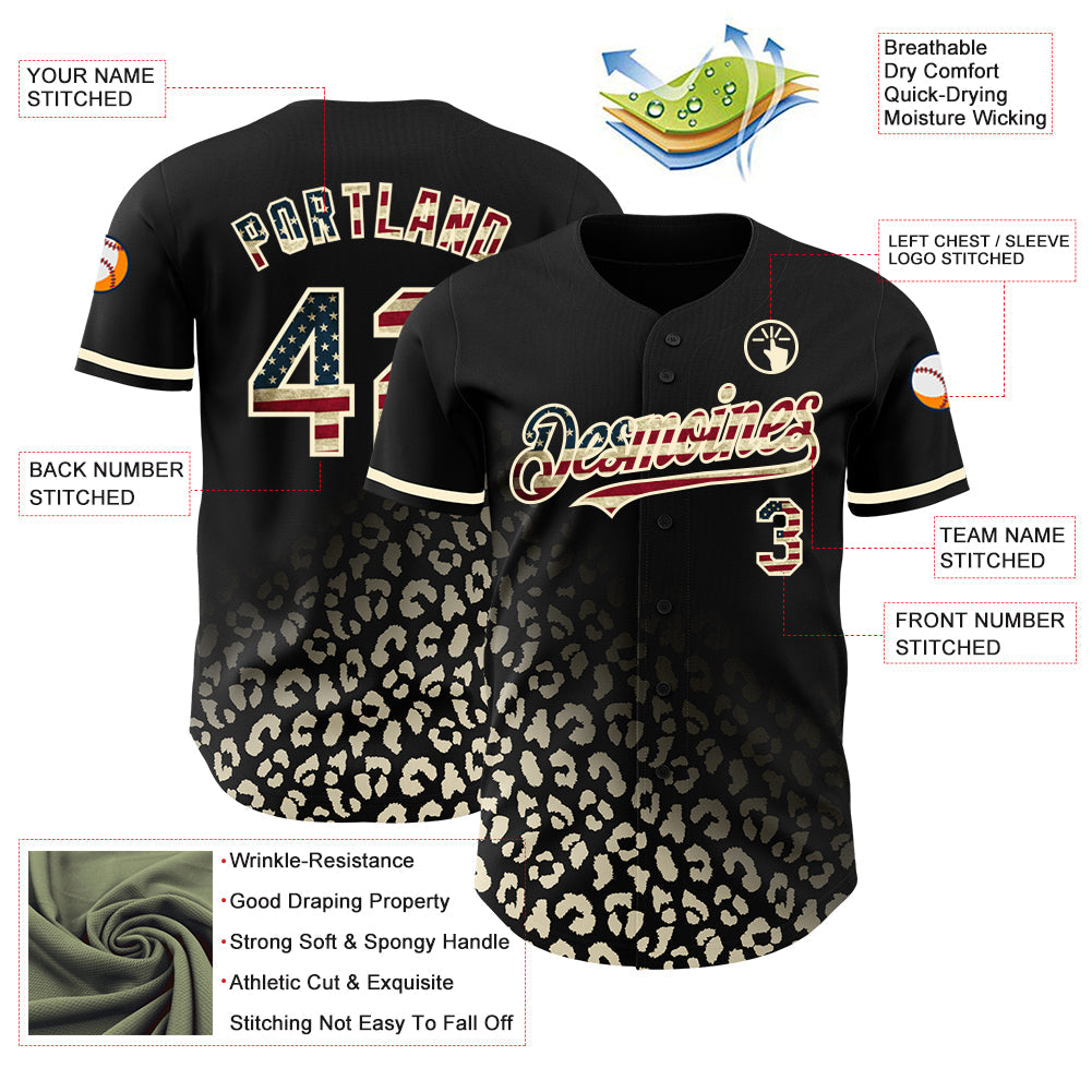 Custom Black Vintage USA Flag-Cream 3D Pattern Design Leopard Print Fade Fashion Authentic Baseball Jersey - Sky-Custom