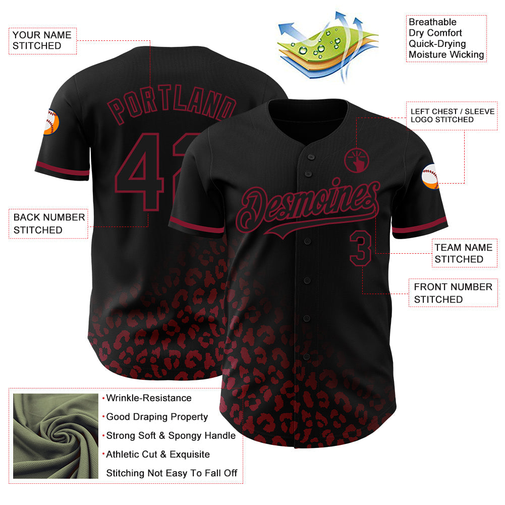 Custom Black Crimson 3D Pattern Design Leopard Print Fade Fashion Authentic Baseball Jersey - Sky-Custom