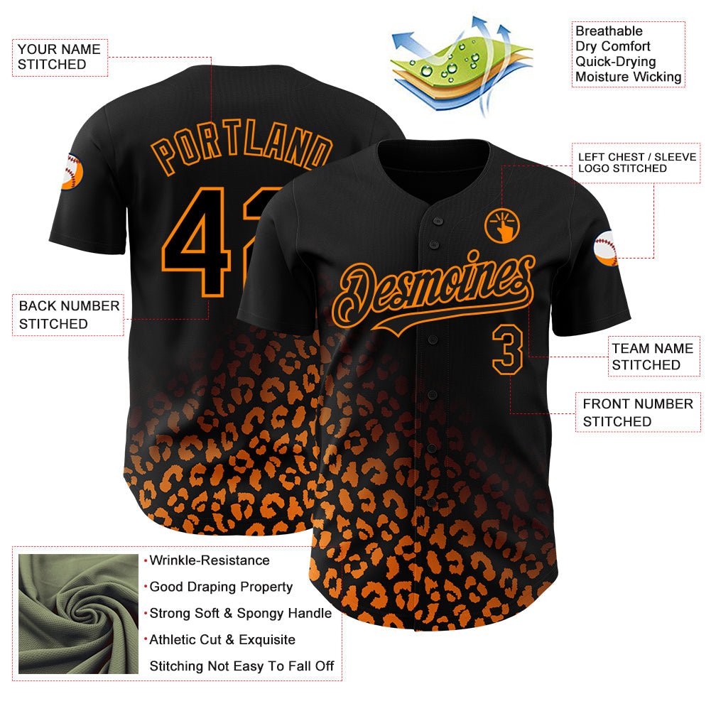 Custom Black Bay Orange 3D Pattern Design Leopard Print Fade Fashion Authentic Baseball Jersey - Sky-Custom