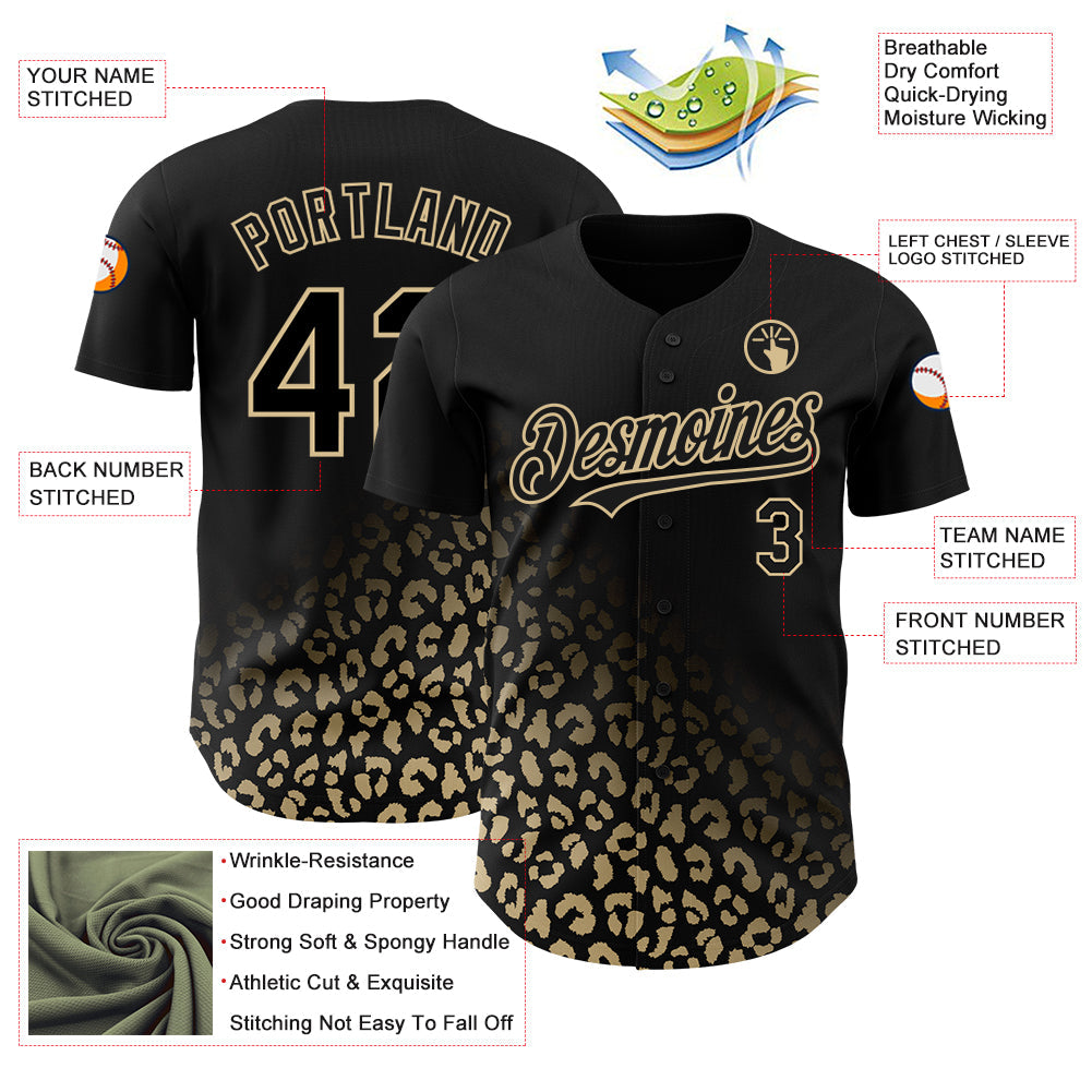 Custom Black Vegas Gold 3D Pattern Design Leopard Print Fade Fashion Authentic Baseball Jersey - Sky-Custom
