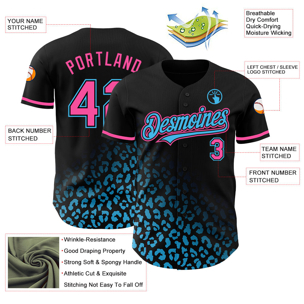Custom Black Pink-Sky Blue 3D Pattern Design Leopard Print Fade Fashion Authentic Baseball Jersey - Sky-Custom