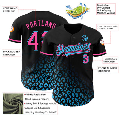 Custom Black Pink-Sky Blue 3D Pattern Design Leopard Print Fade Fashion Authentic Baseball Jersey - Sky-Custom