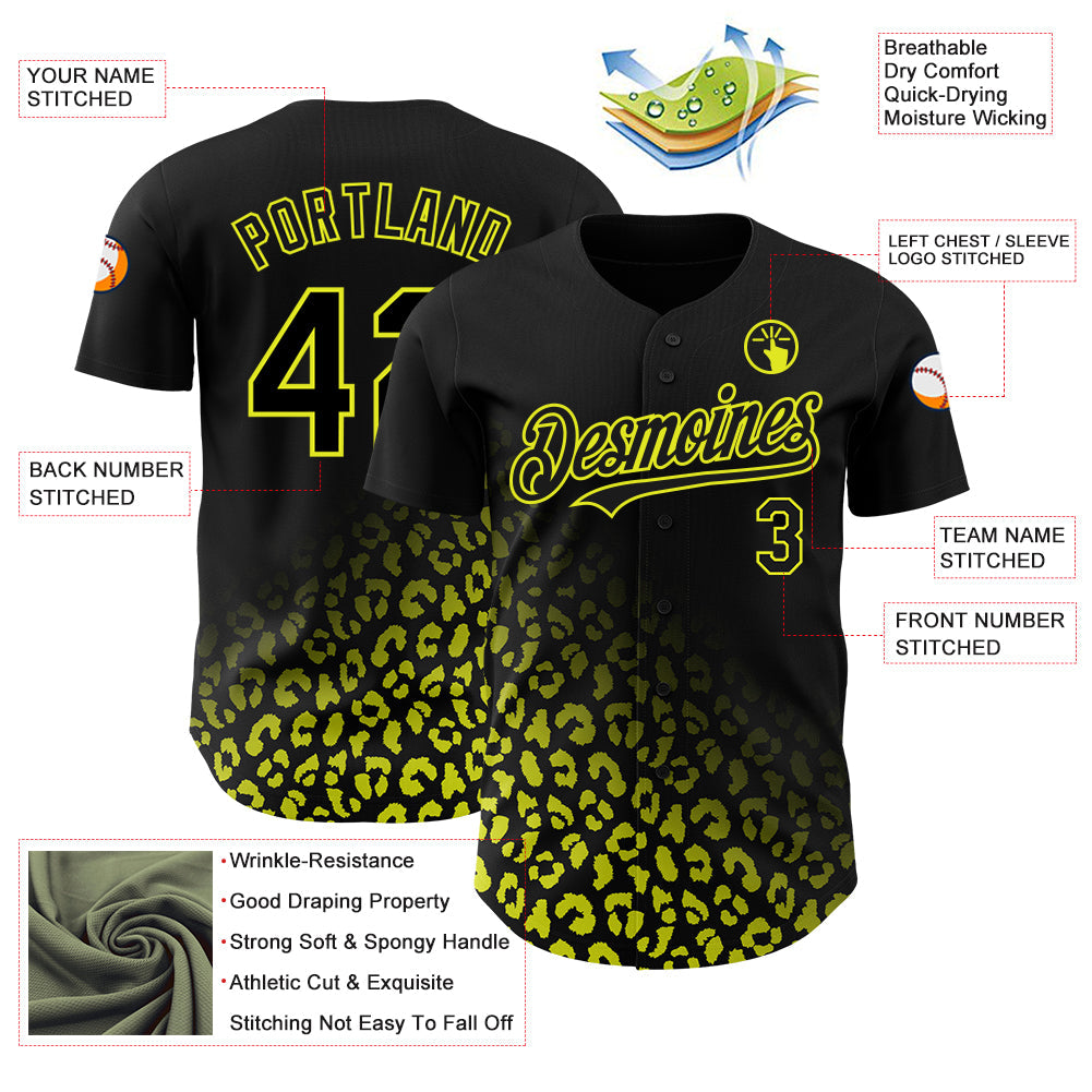 Custom Black Neon Yellow 3D Pattern Design Leopard Print Fade Fashion Authentic Baseball Jersey - Sky-Custom