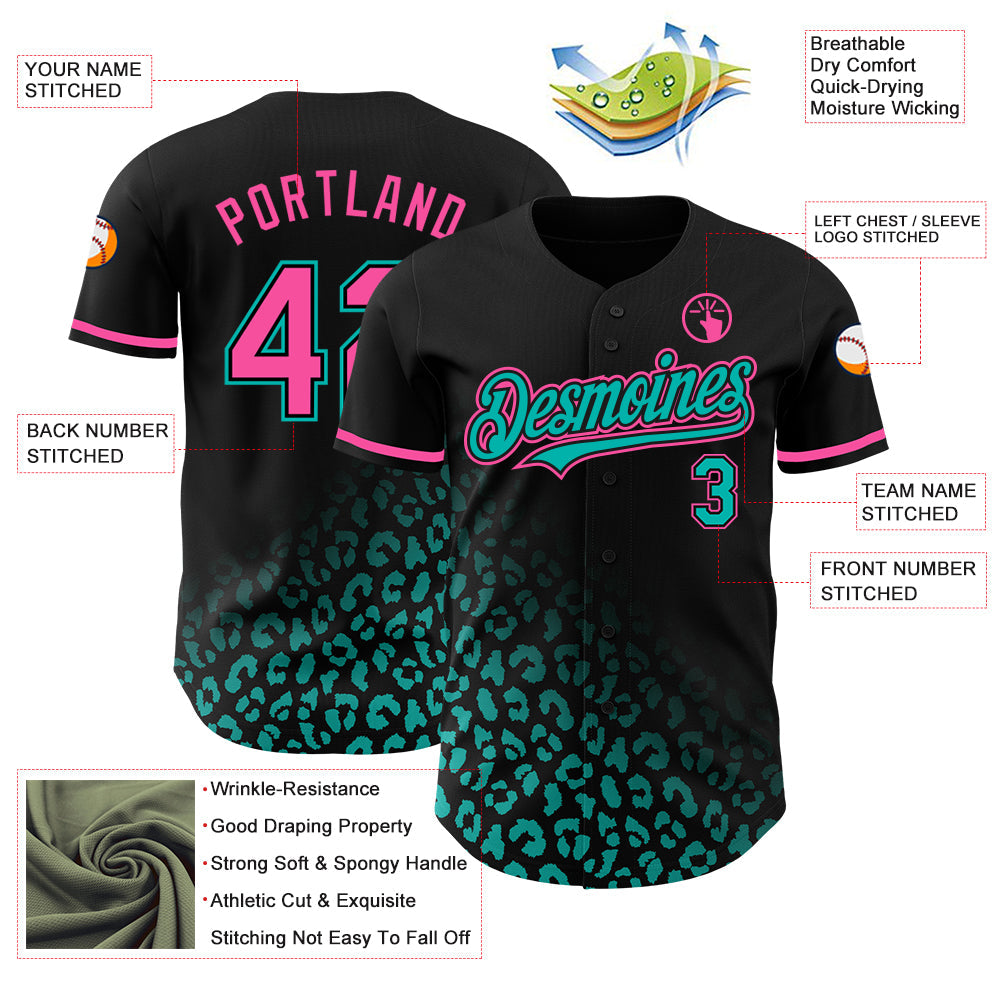 Custom Black Pink-Aqua 3D Pattern Design Leopard Print Fade Fashion Authentic Baseball Jersey - Sky-Custom