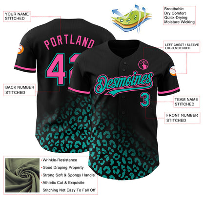Custom Black Pink-Aqua 3D Pattern Design Leopard Print Fade Fashion Authentic Baseball Jersey - Sky-Custom