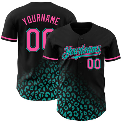 Custom Black Pink-Aqua 3D Pattern Design Leopard Print Fade Fashion Authentic Baseball Jersey - Sky-Custom