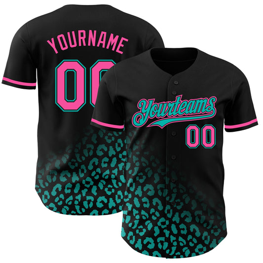 Custom Black Pink-Aqua 3D Pattern Design Leopard Print Fade Fashion Authentic Baseball Jersey - Sky-Custom
