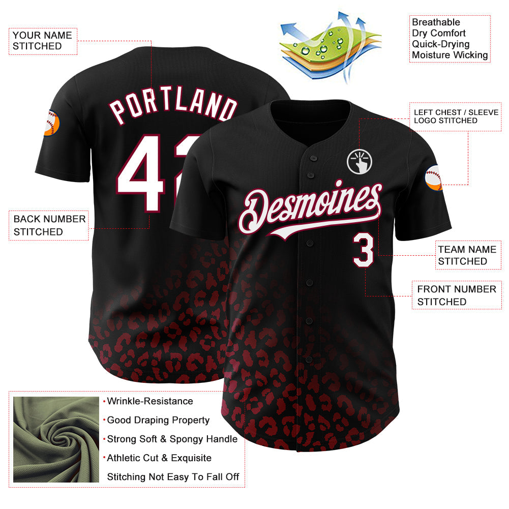 Custom Black White-Maroon 3D Pattern Design Leopard Print Fade Fashion Authentic Baseball Jersey - Sky-Custom