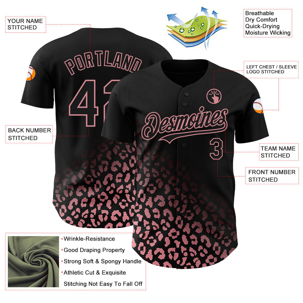 Custom Black Medium Pink 3D Pattern Design Leopard Print Fade Fashion Authentic Baseball Jersey - Sky-Custom