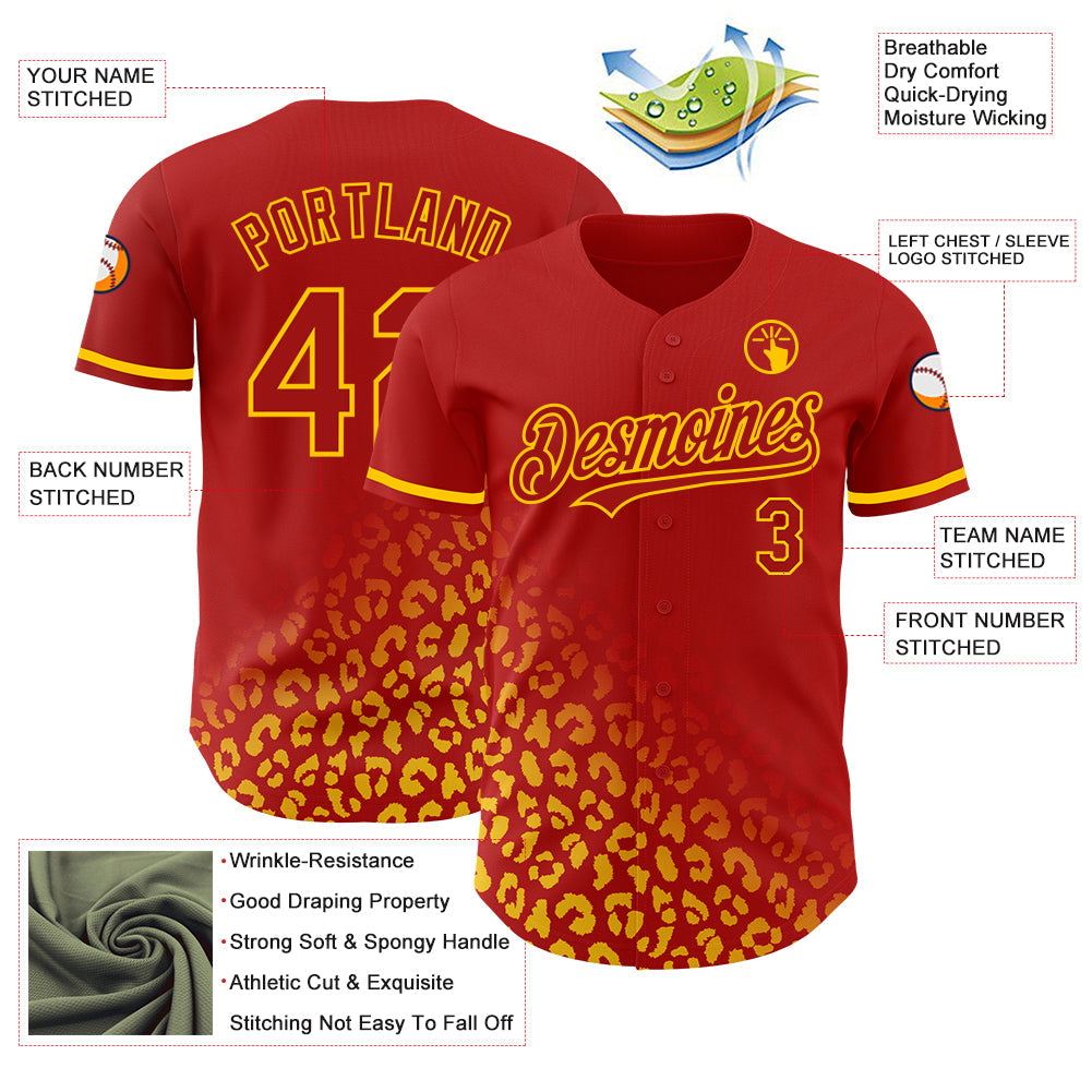 Custom Red Yellow 3D Pattern Design Leopard Print Fade Fashion Authentic Baseball Jersey - Sky-Custom