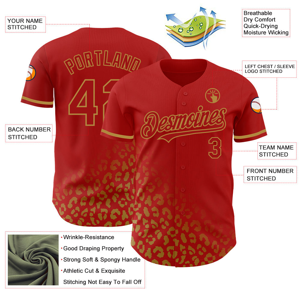 Custom Red Old Gold 3D Pattern Design Leopard Print Fade Fashion Authentic Baseball Jersey - Sky-Custom