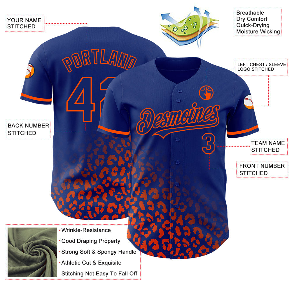 Custom Royal Orange 3D Pattern Design Leopard Print Fade Fashion Authentic Baseball Jersey - Sky-Custom