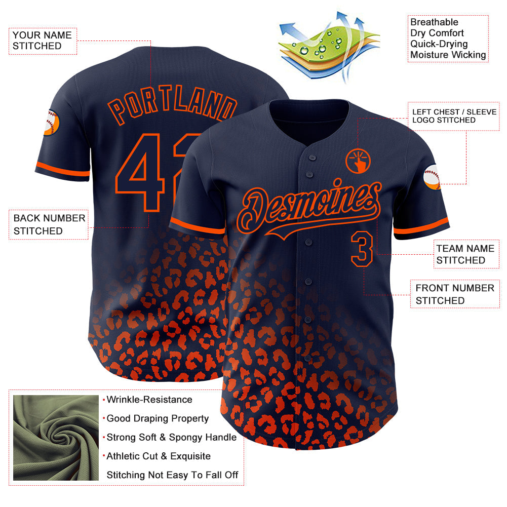 Custom Navy Orange 3D Pattern Design Leopard Print Fade Fashion Authentic Baseball Jersey - Sky-Custom