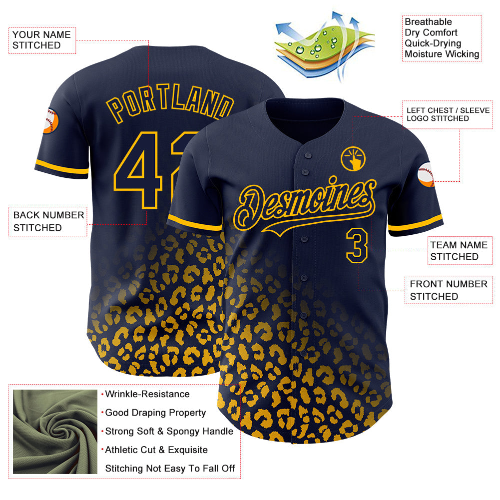 Custom Navy Gold 3D Pattern Design Leopard Print Fade Fashion Authentic Baseball Jersey - Sky-Custom
