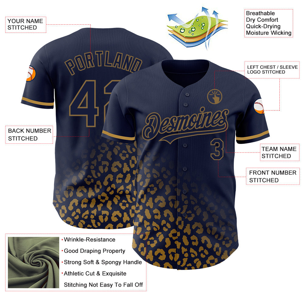 Custom Navy Old Gold 3D Pattern Design Leopard Print Fade Fashion Authentic Baseball Jersey - Sky-Custom