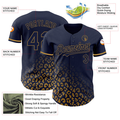 Custom Navy Old Gold 3D Pattern Design Leopard Print Fade Fashion Authentic Baseball Jersey - Sky-Custom