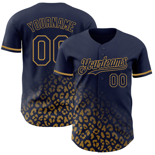 Custom Navy Old Gold 3D Pattern Design Leopard Print Fade Fashion Authentic Baseball Jersey - Sky-Custom