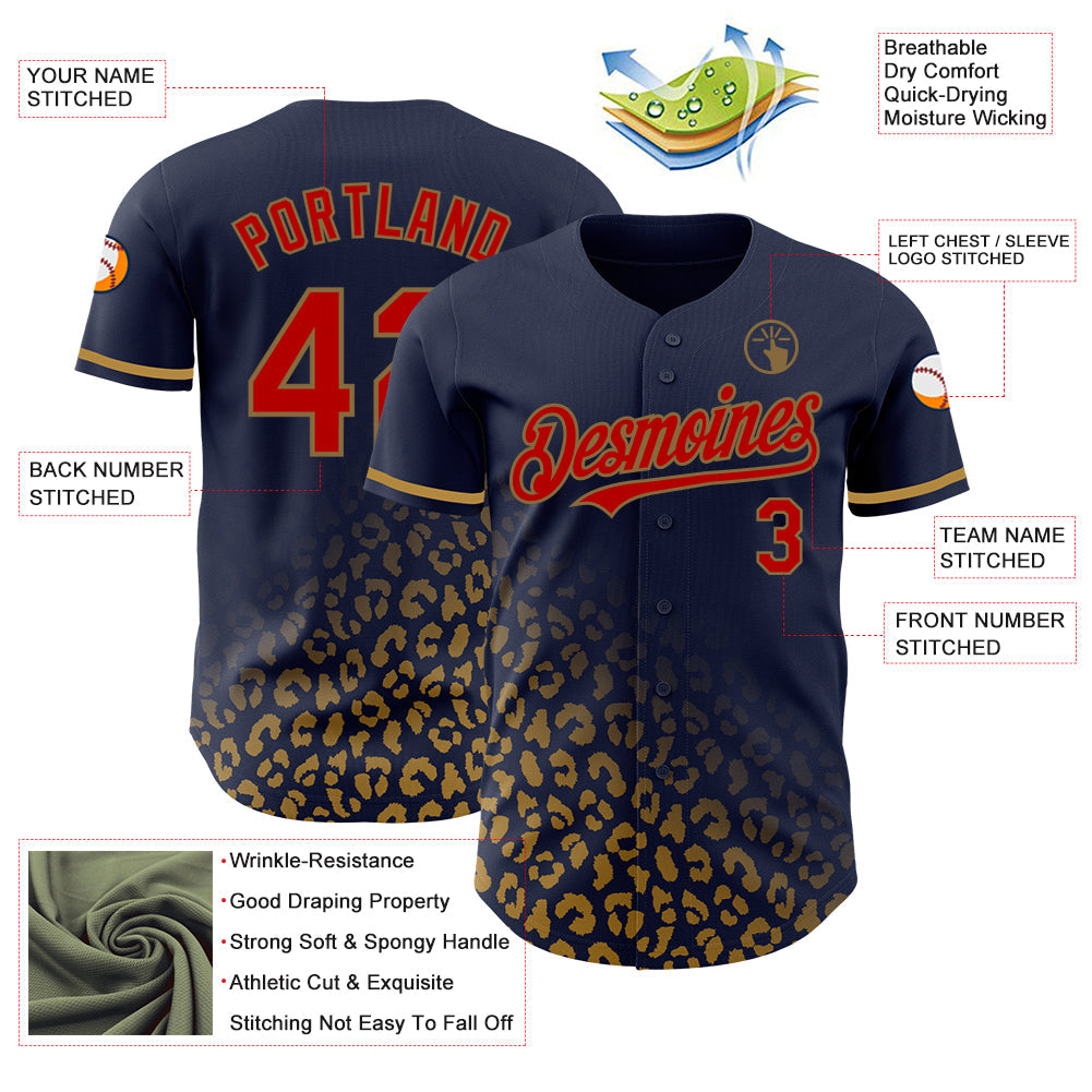 Custom Navy Red-Old Gold 3D Pattern Design Leopard Print Fade Fashion Authentic Baseball Jersey - Sky-Custom