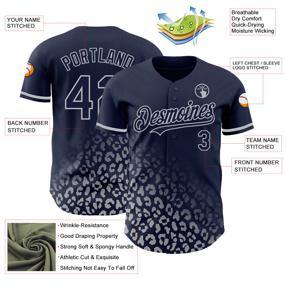 Custom Navy Gray 3D Pattern Design Leopard Print Fade Fashion Authentic Baseball Jersey - Sky-Custom