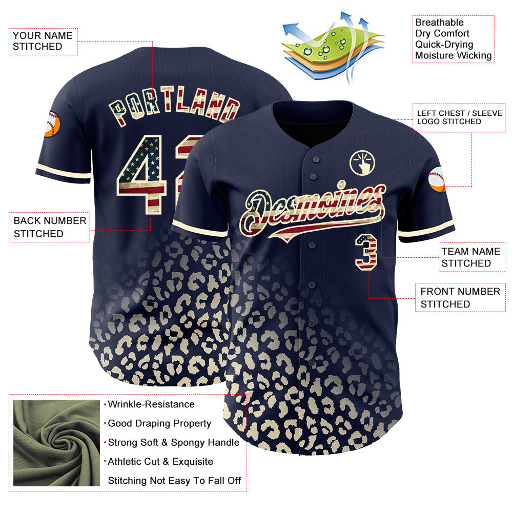 Custom Navy Vintage USA Flag-Cream 3D Pattern Design Leopard Print Fade Fashion Authentic Baseball Jersey - Sky-Custom