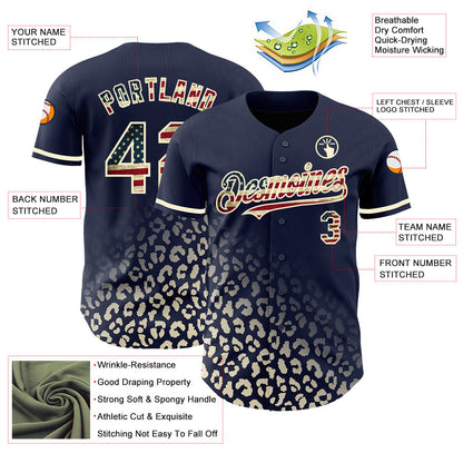 Custom Navy Vintage USA Flag-Cream 3D Pattern Design Leopard Print Fade Fashion Authentic Baseball Jersey - Sky-Custom