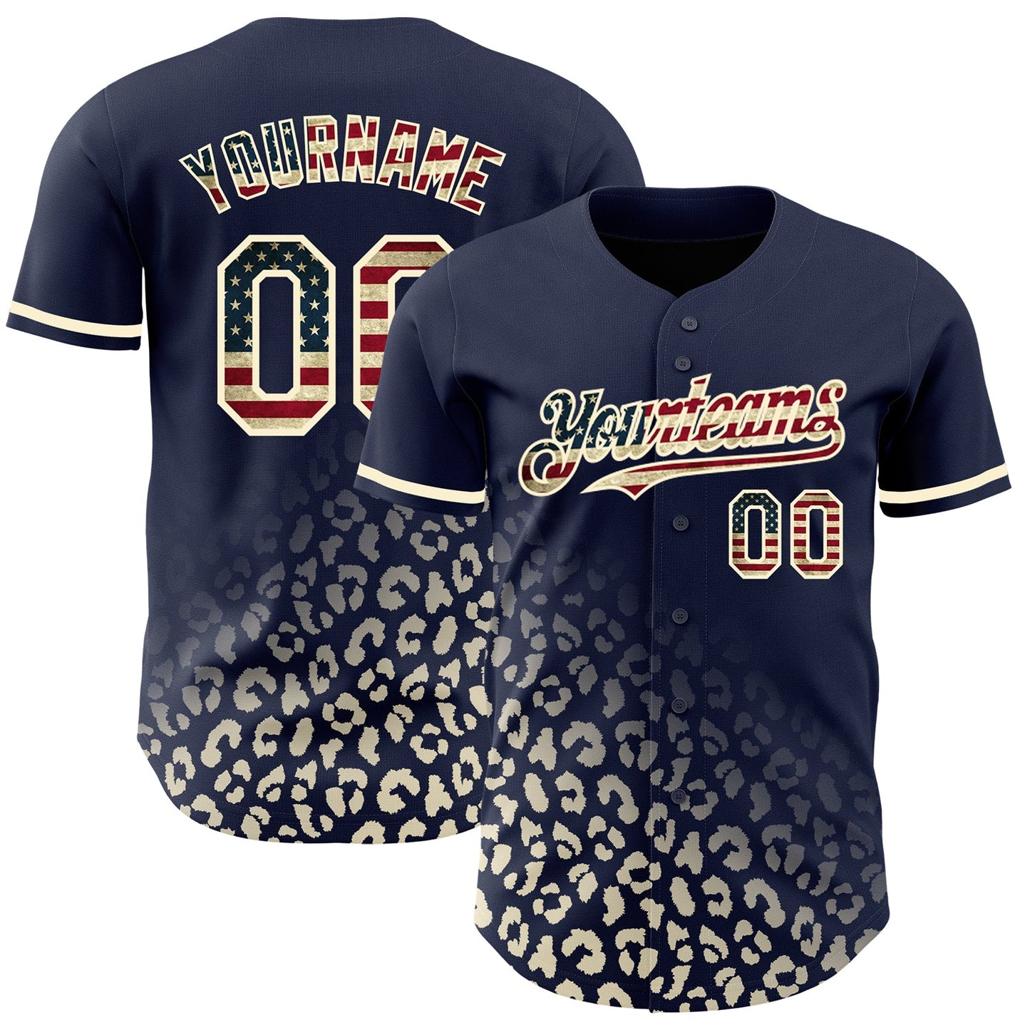 Custom Navy Vintage USA Flag-Cream 3D Pattern Design Leopard Print Fade Fashion Authentic Baseball Jersey - Sky-Custom
