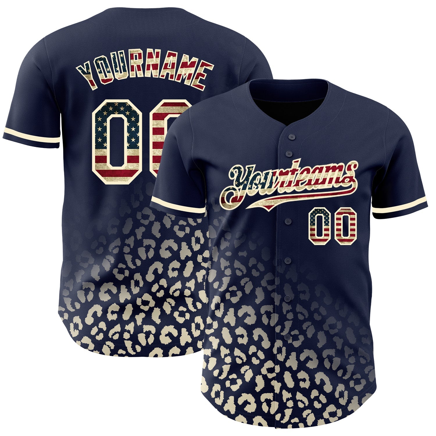 Custom Navy Vintage USA Flag-Cream 3D Pattern Design Leopard Print Fade Fashion Authentic Baseball Jersey - Sky-Custom