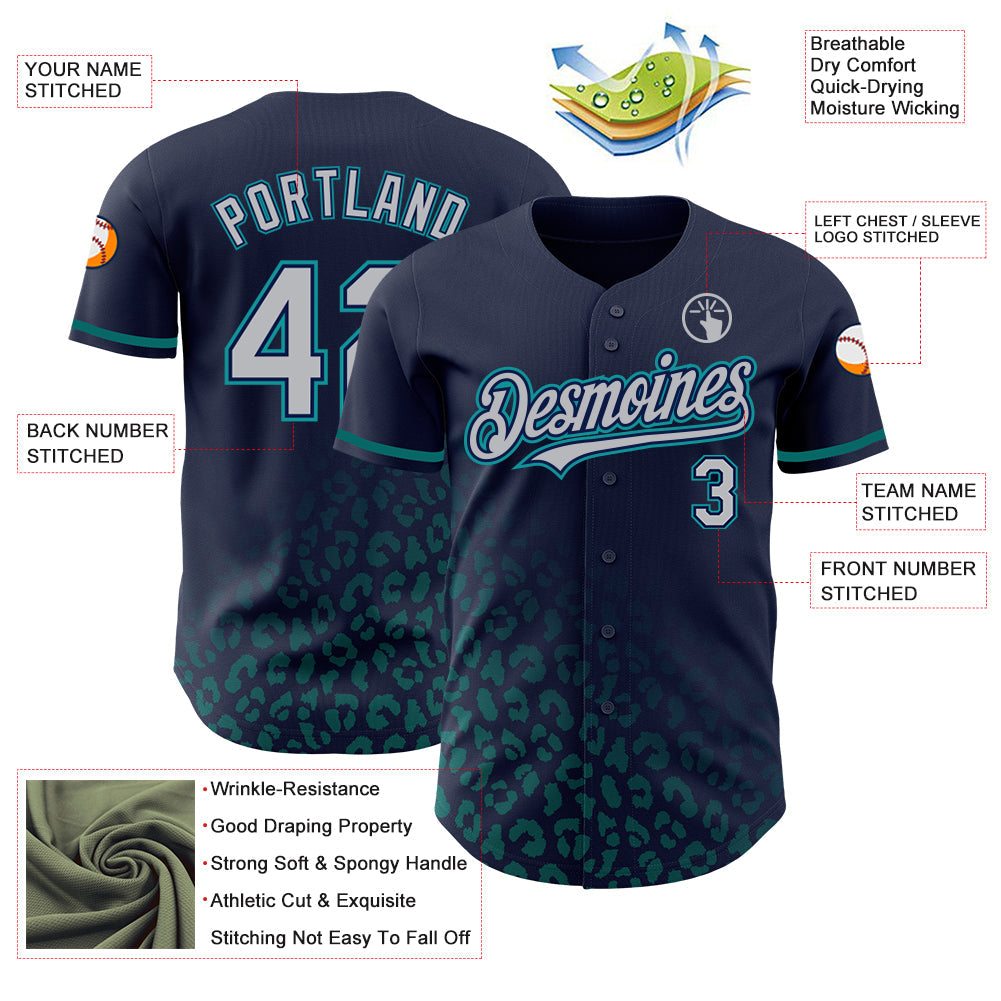 Custom Navy Gray-Teal 3D Pattern Design Leopard Print Fade Fashion Authentic Baseball Jersey - Sky-Custom