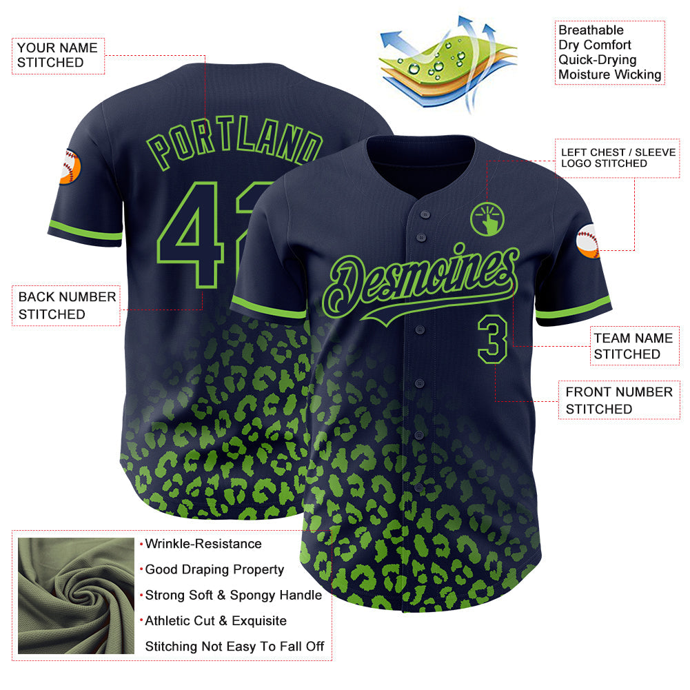 Custom Navy Neon Green 3D Pattern Design Leopard Print Fade Fashion Authentic Baseball Jersey - Sky-Custom
