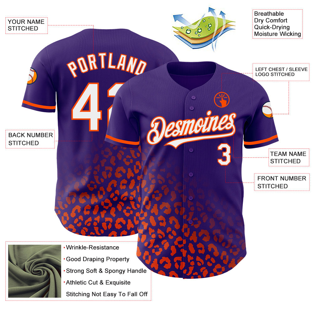 Custom Purple White-Orange 3D Pattern Design Leopard Print Fade Fashion Authentic Baseball Jersey - Sky-Custom