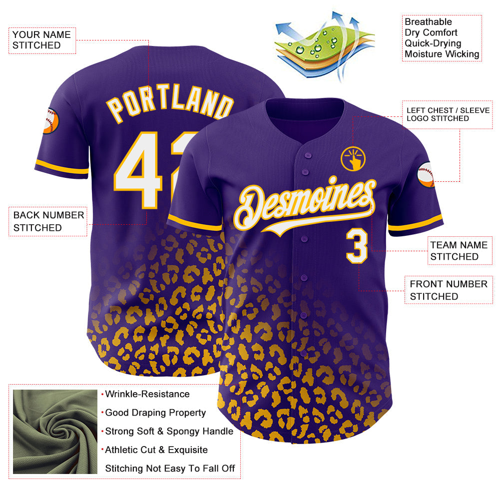 Custom Purple White-Gold 3D Pattern Design Leopard Print Fade Fashion Authentic Baseball Jersey - Sky-Custom