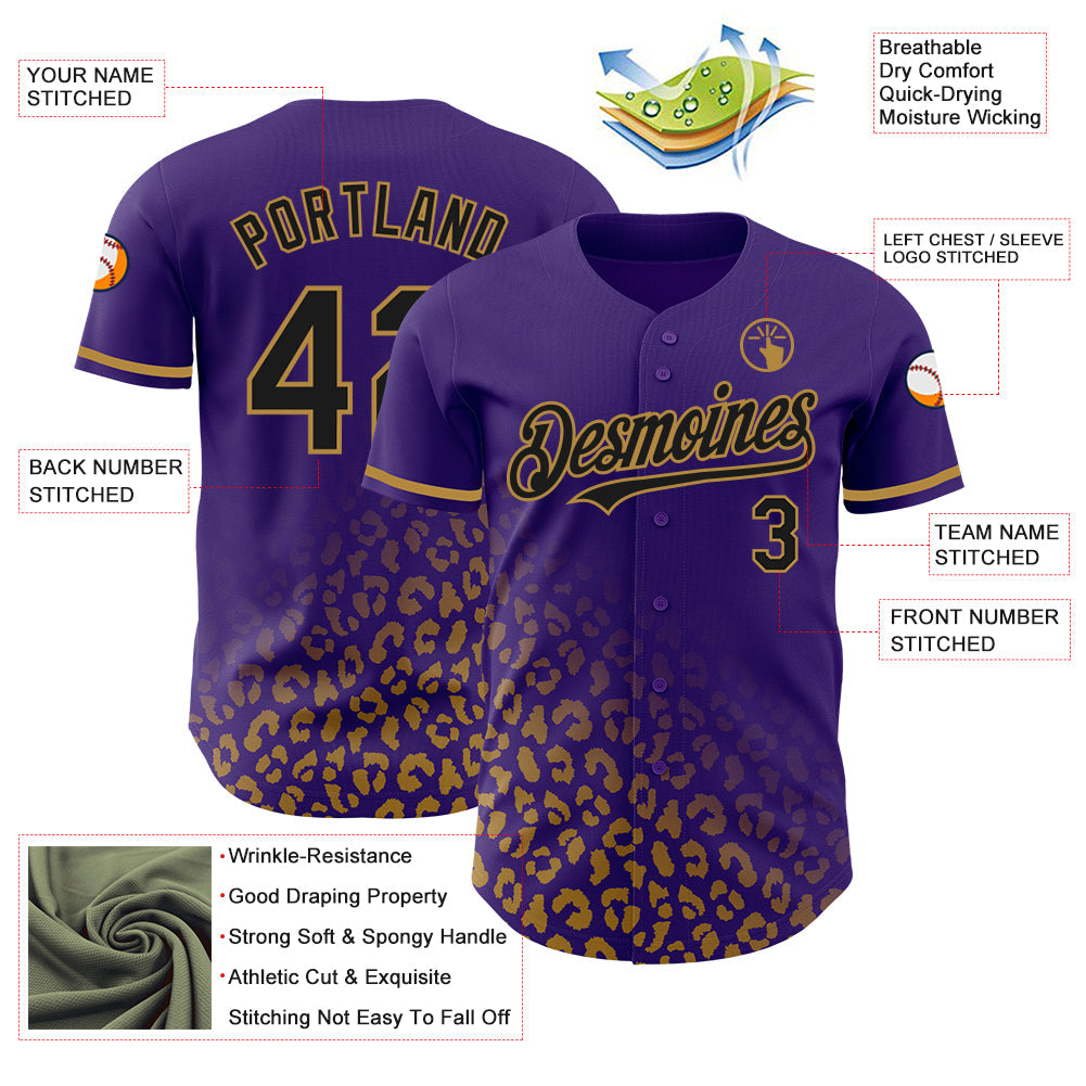 Custom Purple Black-Old Gold 3D Pattern Design Leopard Print Fade Fashion Authentic Baseball Jersey - Sky-Custom