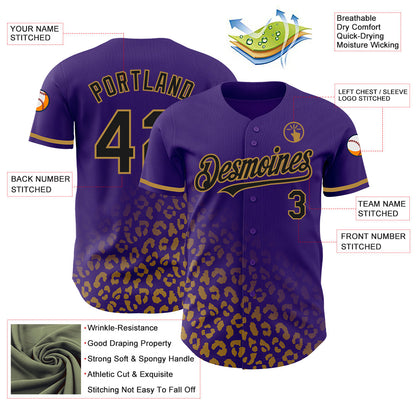 Custom Purple Black-Old Gold 3D Pattern Design Leopard Print Fade Fashion Authentic Baseball Jersey - Sky-Custom