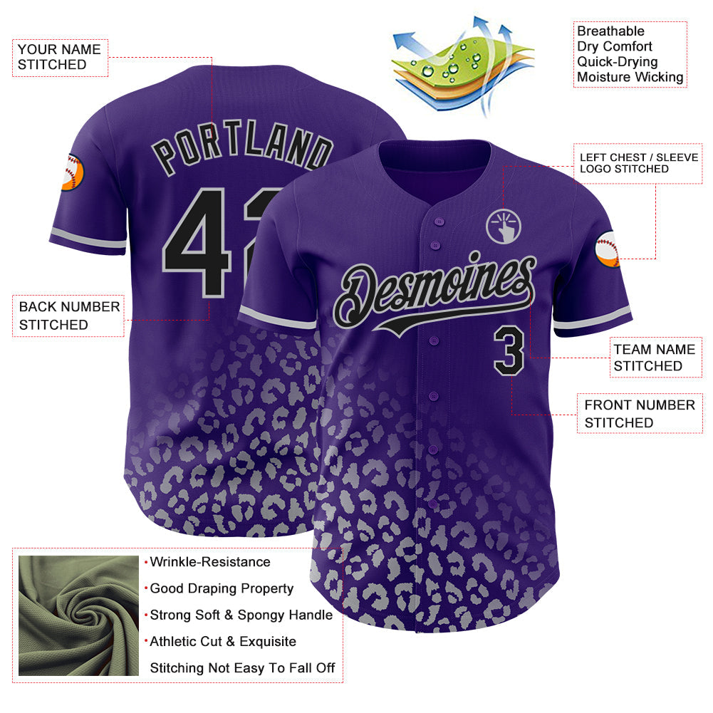 Custom Purple Black-Gray 3D Pattern Design Leopard Print Fade Fashion Authentic Baseball Jersey - Sky-Custom