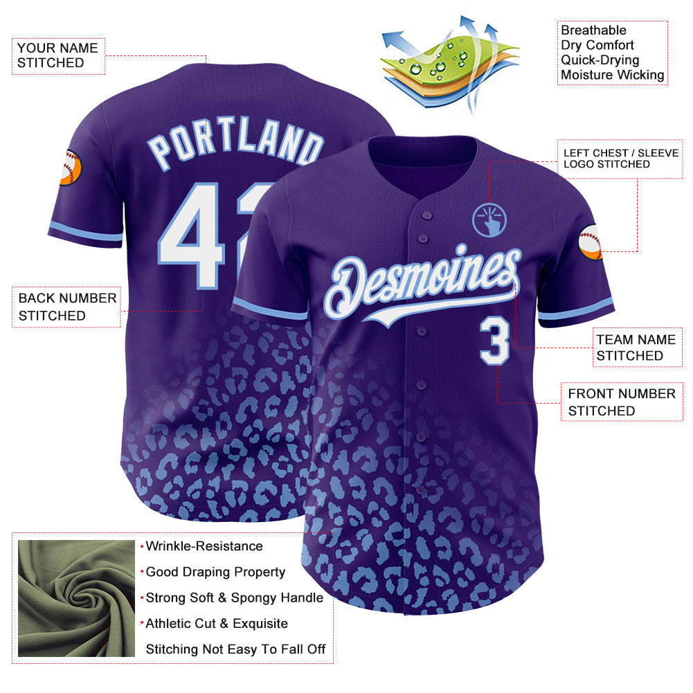 Custom Purple White-Light Blue 3D Pattern Design Leopard Print Fade Fashion Authentic Baseball Jersey - Sky-Custom
