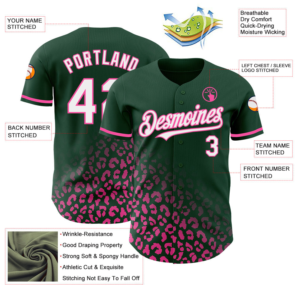 Custom Green White-Pink 3D Pattern Design Leopard Print Fade Fashion Authentic Baseball Jersey - Sky-Custom