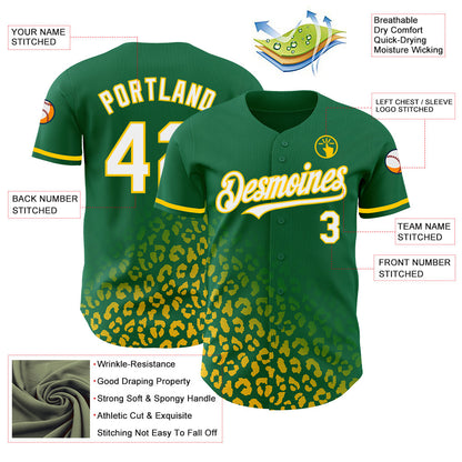 Custom Kelly Green White-Yellow 3D Pattern Design Leopard Print Fade Fashion Authentic Baseball Jersey - Sky-Custom