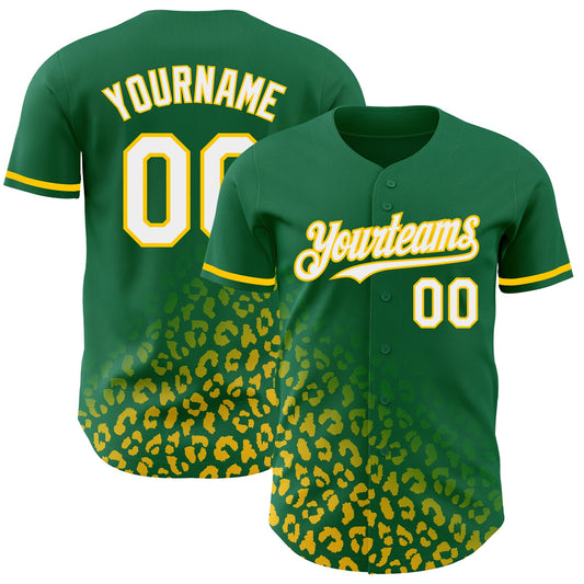 Custom Kelly Green White-Yellow 3D Pattern Design Leopard Print Fade Fashion Authentic Baseball Jersey - Sky-Custom