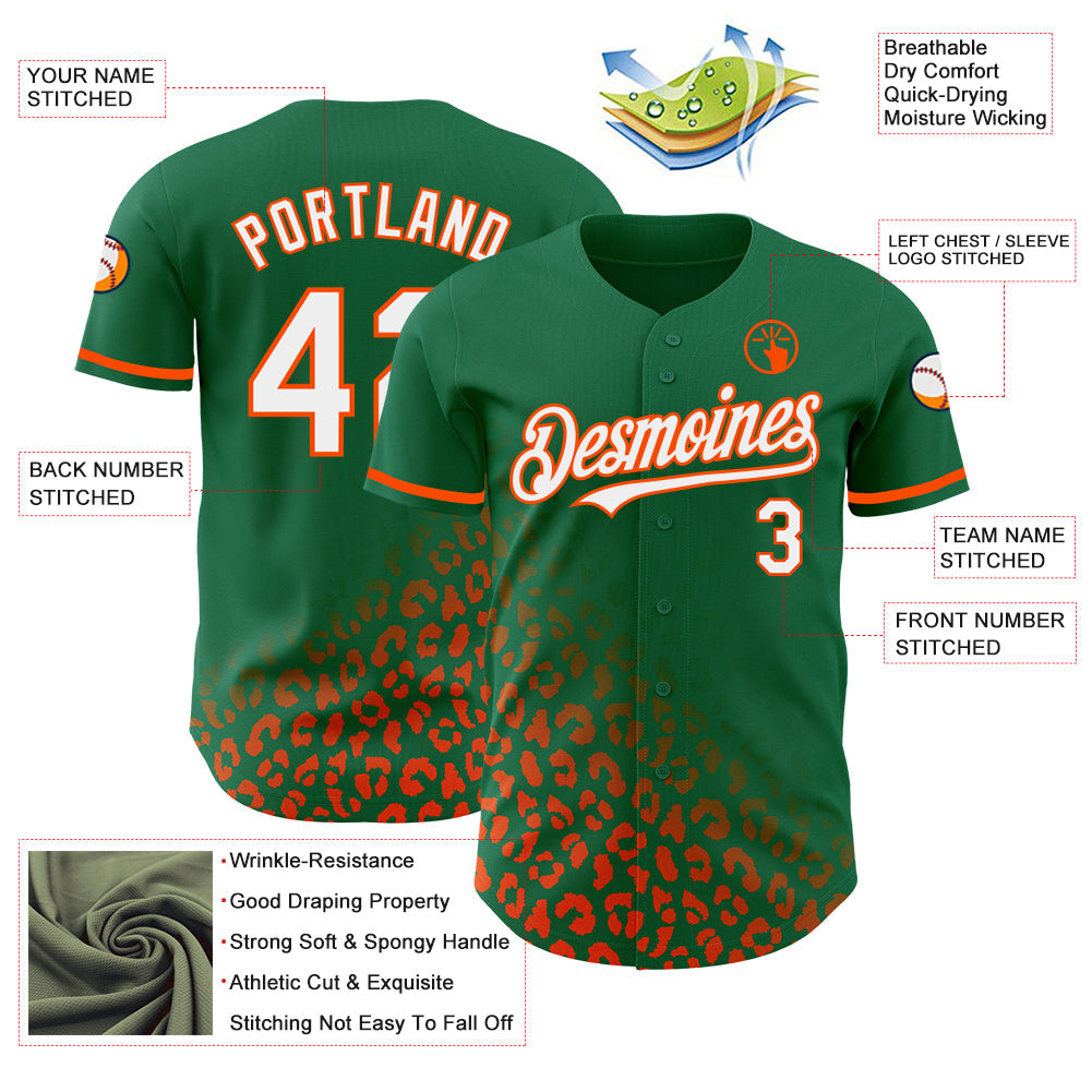 Custom Kelly Green White-Orange 3D Pattern Design Leopard Print Fade Fashion Authentic Baseball Jersey - Sky-Custom