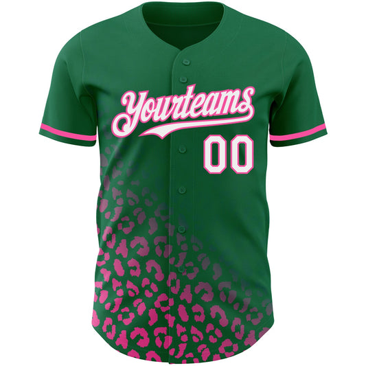 Custom Kelly Green White-Pink 3D Pattern Design Leopard Print Fade Fashion Authentic Baseball Jersey - Sky-Custom