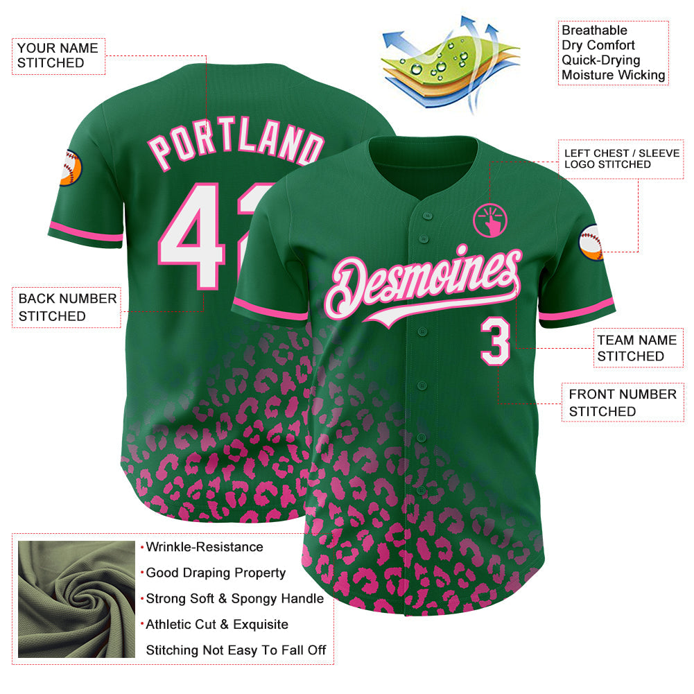 Custom Kelly Green White-Pink 3D Pattern Design Leopard Print Fade Fashion Authentic Baseball Jersey - Sky-Custom