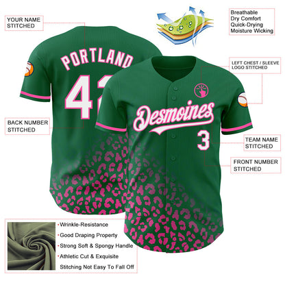 Custom Kelly Green White-Pink 3D Pattern Design Leopard Print Fade Fashion Authentic Baseball Jersey - Sky-Custom