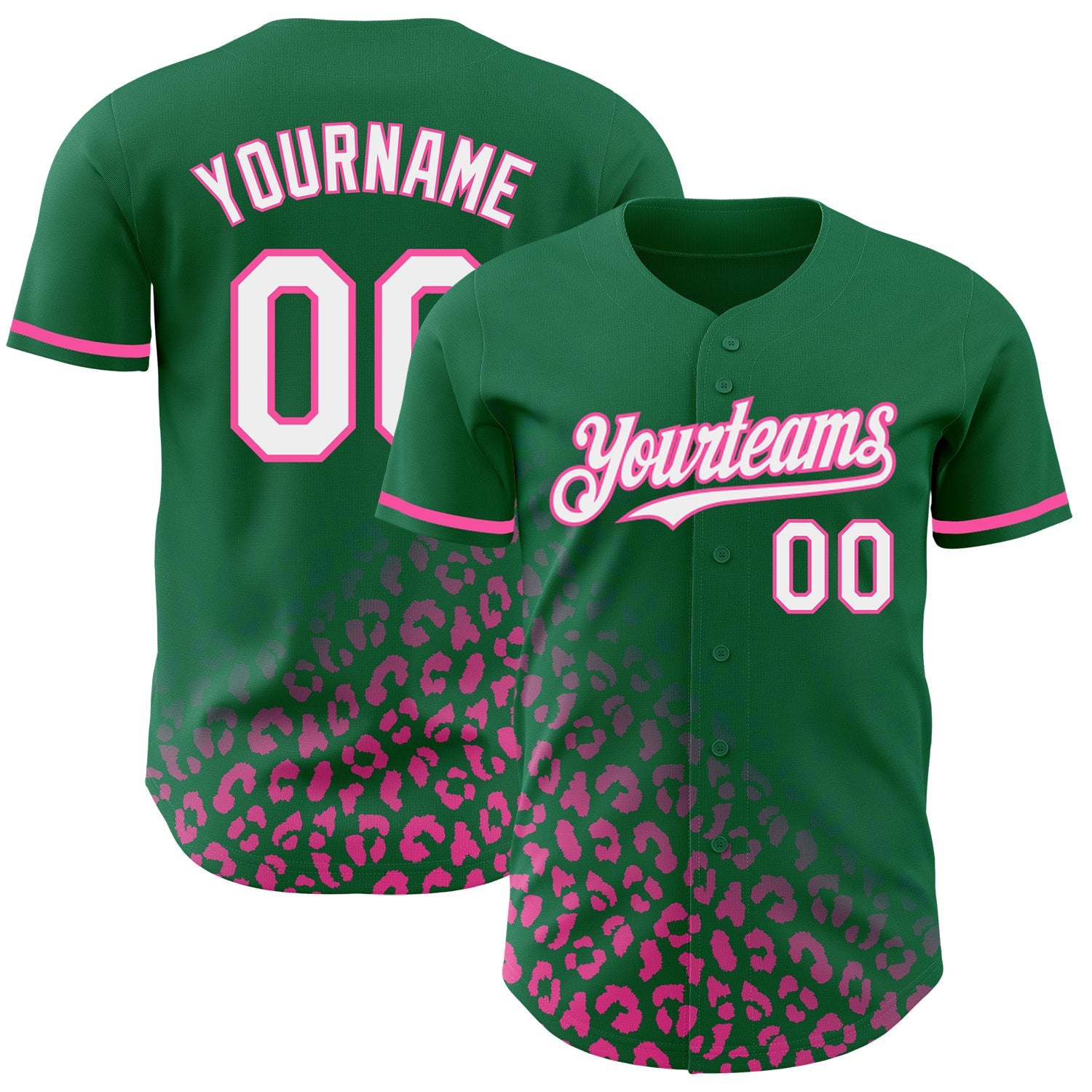 Custom Kelly Green White-Pink 3D Pattern Design Leopard Print Fade Fashion Authentic Baseball Jersey - Sky-Custom