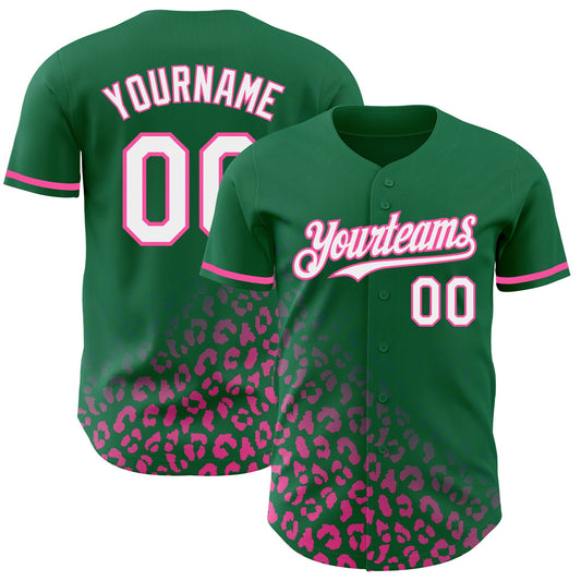 Custom Kelly Green White-Pink 3D Pattern Design Leopard Print Fade Fashion Authentic Baseball Jersey - Sky-Custom