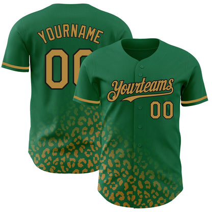 Custom Kelly Green Old Gold-Black 3D Pattern Design Leopard Print Fade Fashion Authentic Baseball Jersey - Sky-Custom